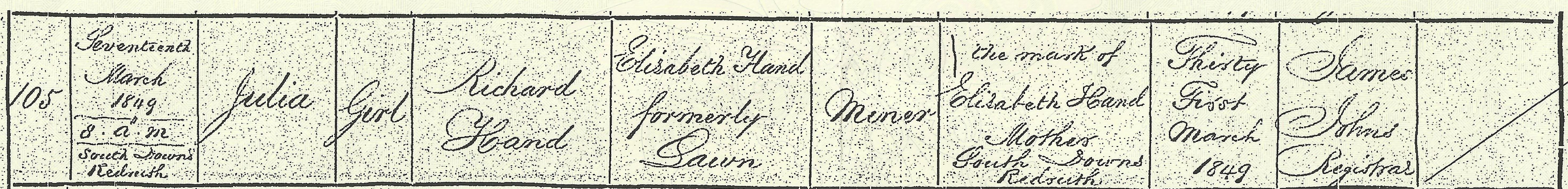 Birth Certificate of Julia Hand crop